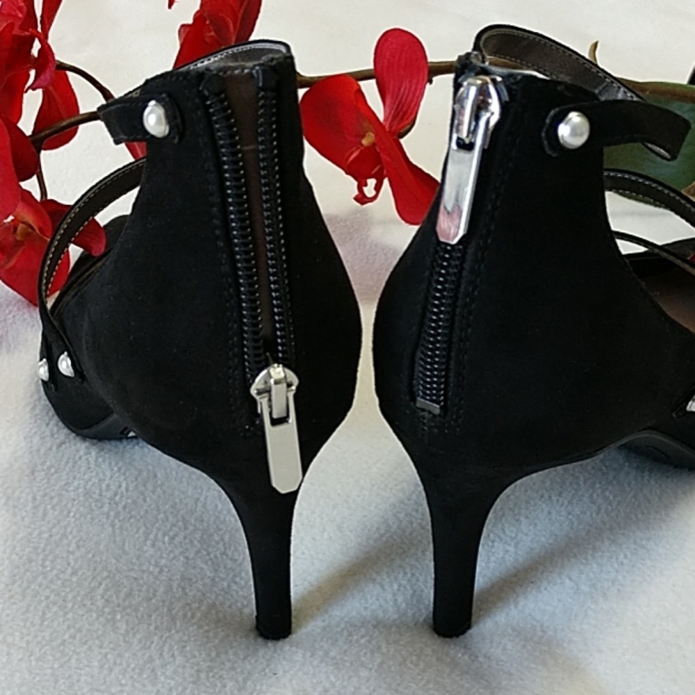 NEW Strappy Stilettos Heels Sexy Back Zip Faux Pearls Black Libby Edelman 8.5 - Picture 2 of 8